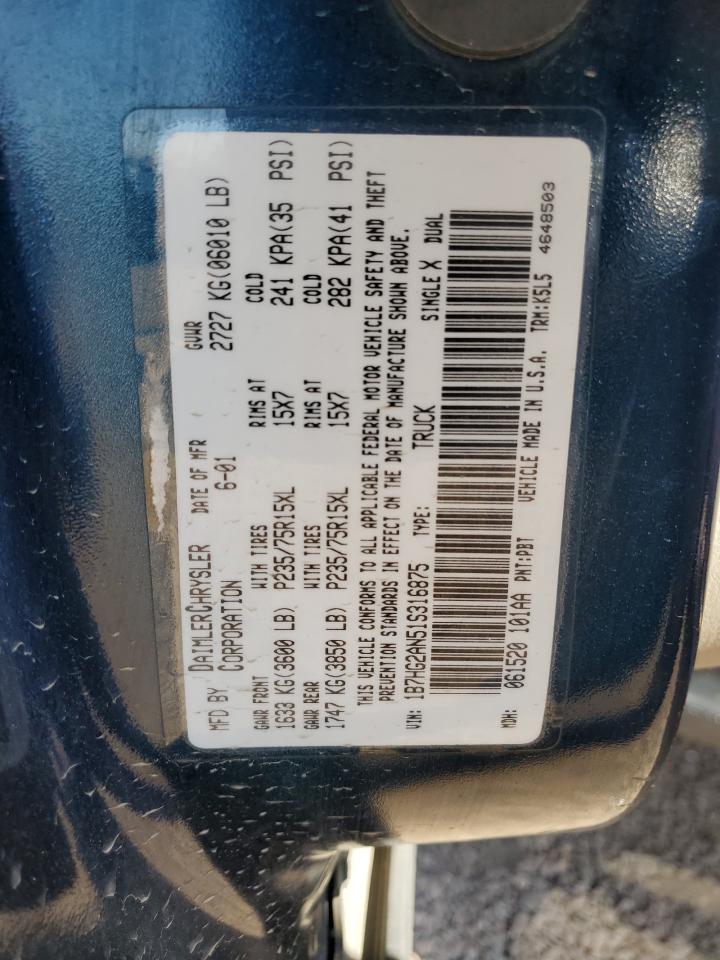 2001 Dodge Dakota Quad VIN: 1B7HG2AN51S316875 Lot: 63672775