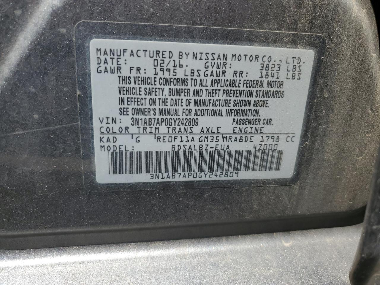 2016 Nissan Sentra S VIN: 3N1AB7AP0GY242809 Lot: 65450895