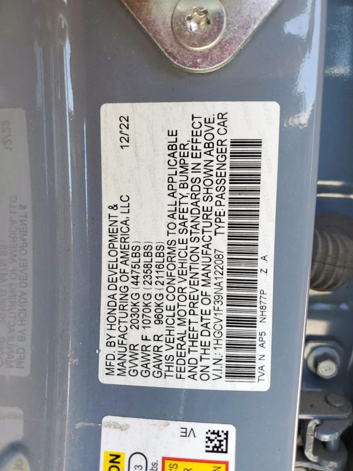 2022 Honda Accord Sport VIN: 1HGCV1F39NA122087 Lot: 66187505