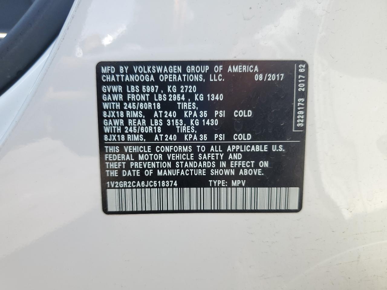2018 Volkswagen Atlas S VIN: 1V2GR2CA6JC518374 Lot: 65038075