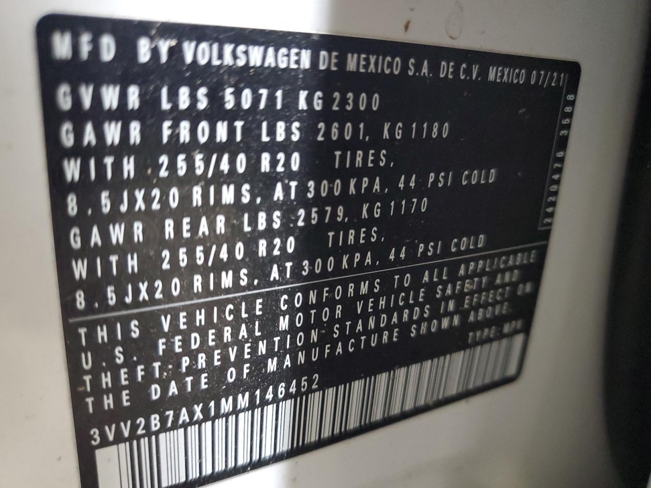 2021 Volkswagen Tiguan Se VIN: 3VV2B7AX1MM146452 Lot: 63791695