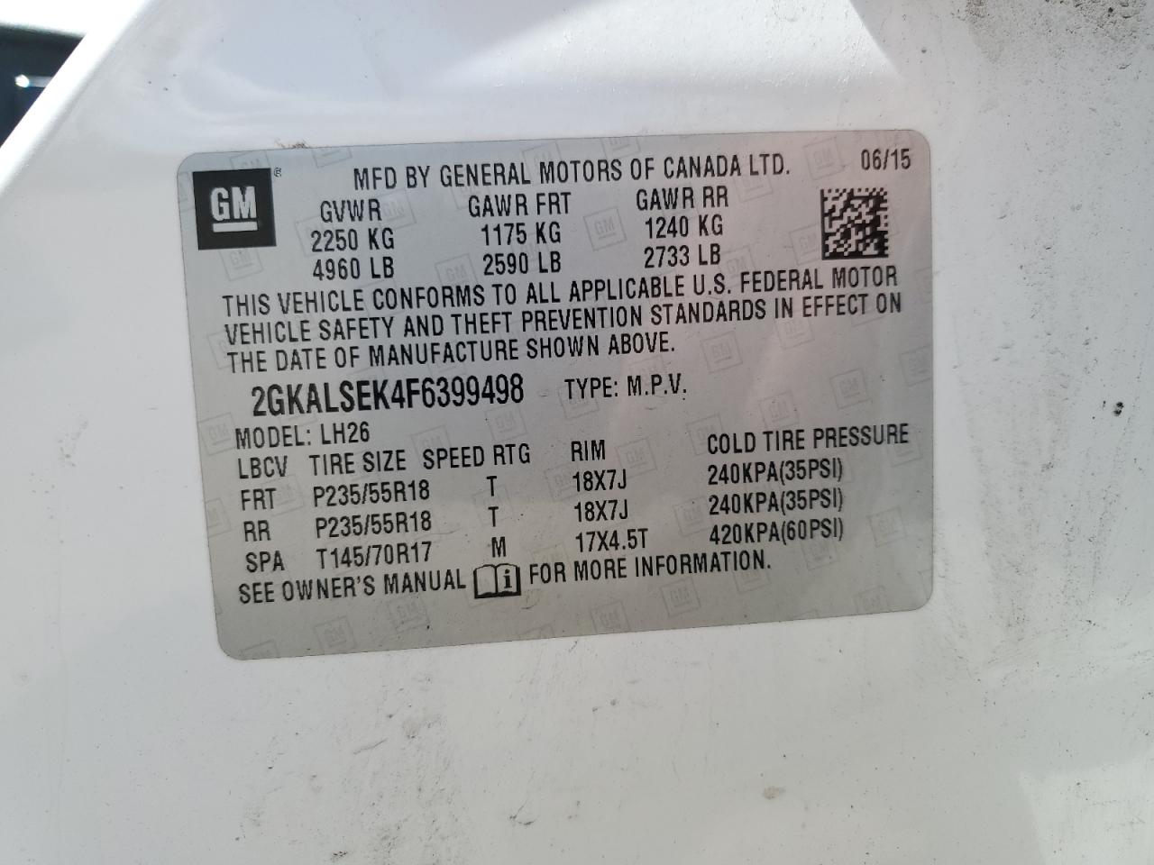2015 GMC Terrain Slt VIN: 2GKALSEK4F6399498 Lot: 63106025