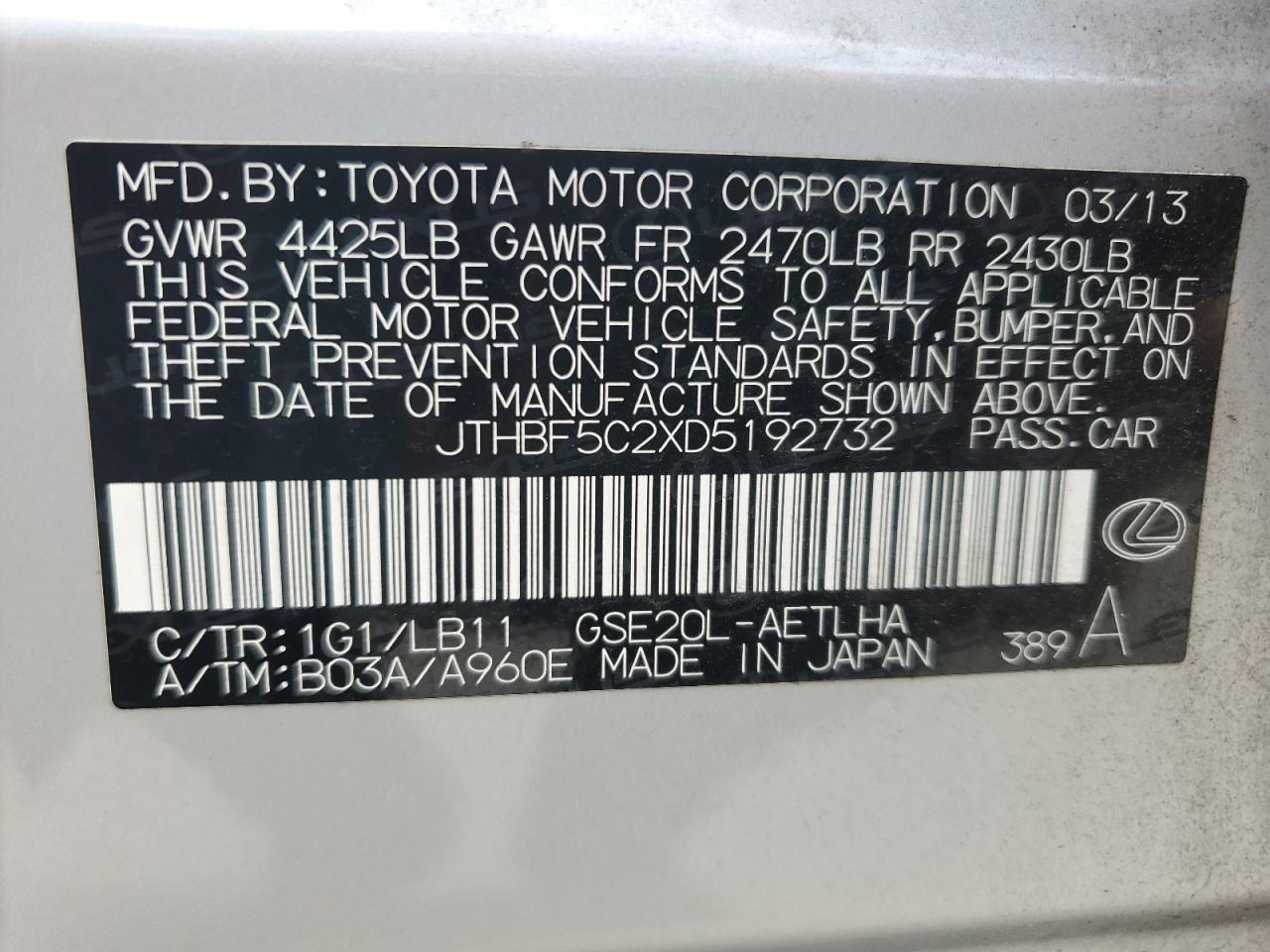 2013 Lexus Is 250 VIN: JTHBF5C2XD5192732 Lot: 65064475
