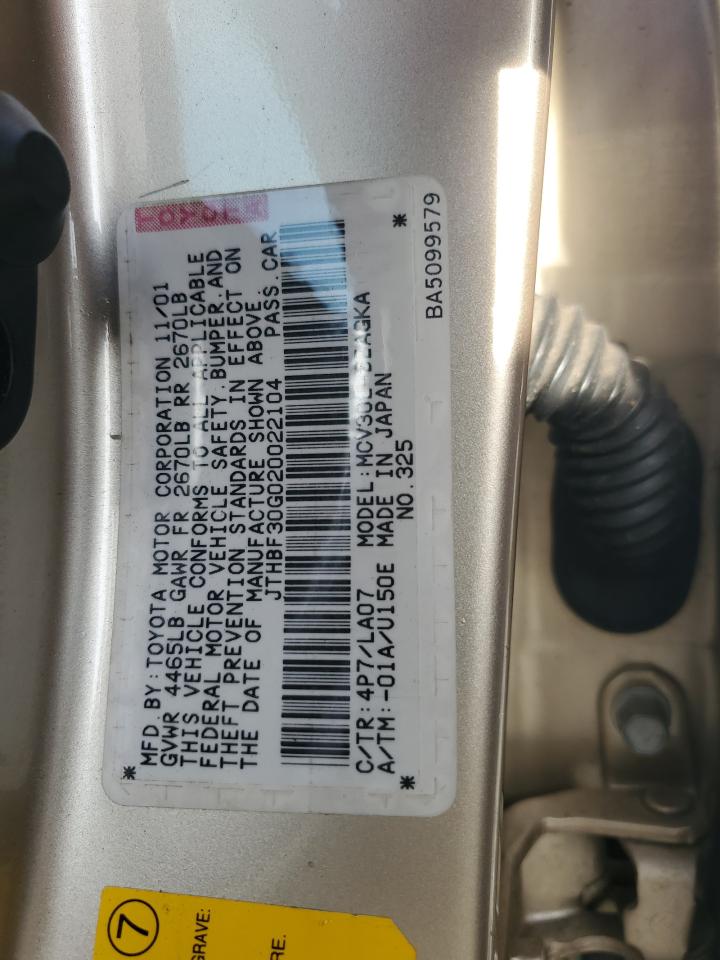 2002 Lexus Es 300 VIN: JTHBF30G020022104 Lot: 64509465