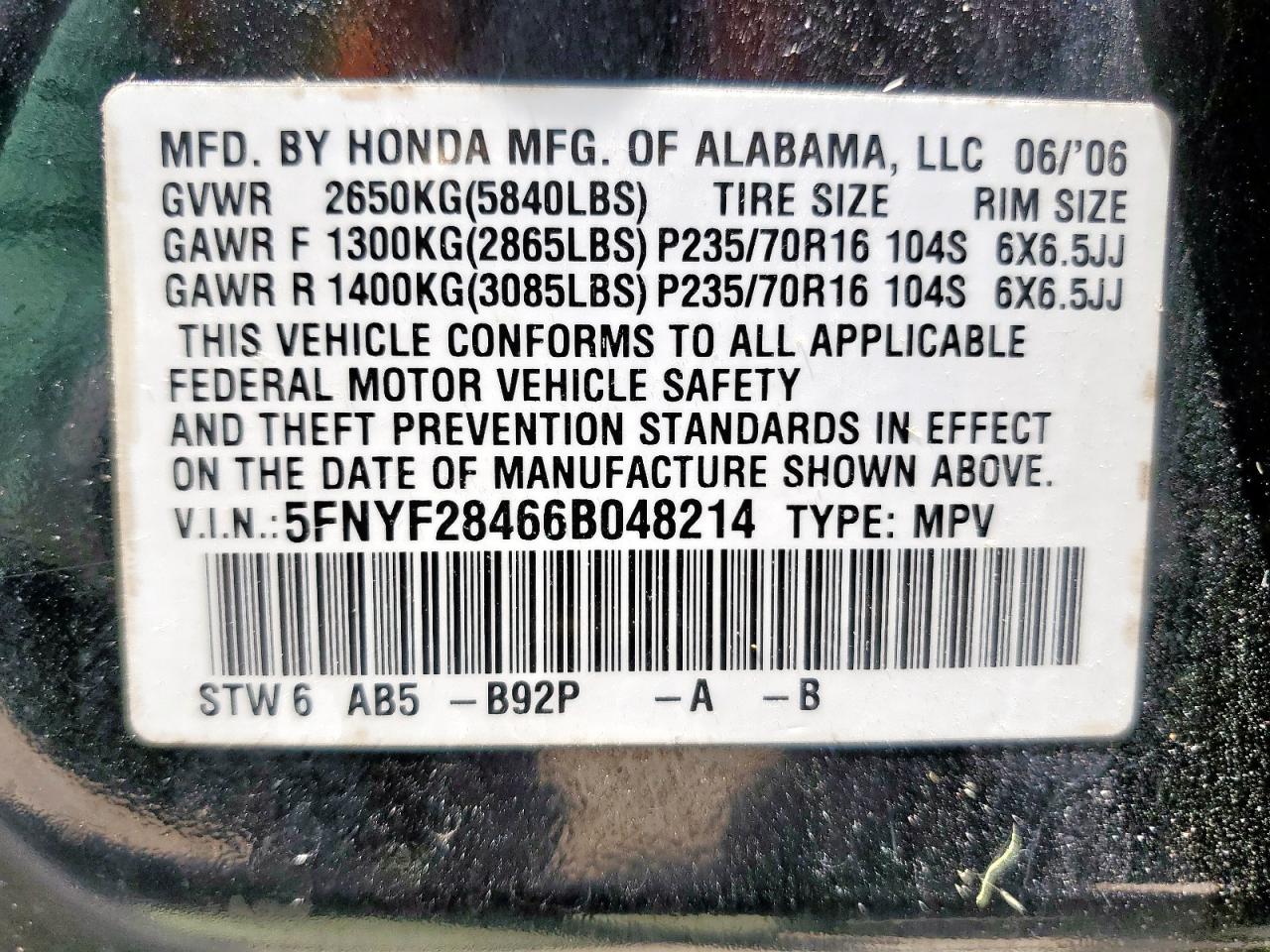 2006 Honda Pilot Ex VIN: 5FNYF28466B048214 Lot: 66703975