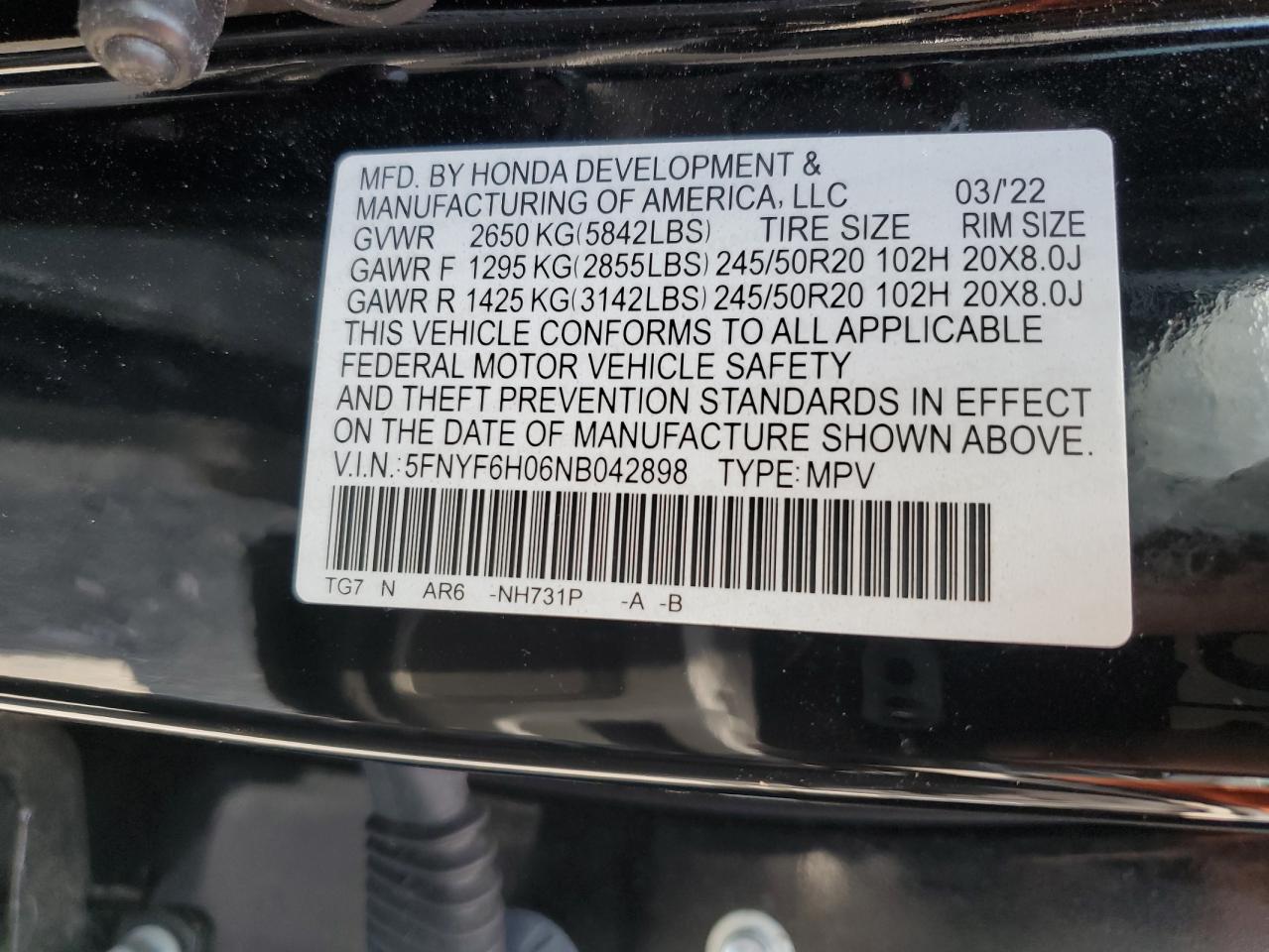 2022 Honda Pilot Elite VIN: 5FNYF6H06NB042898 Lot: 65319895