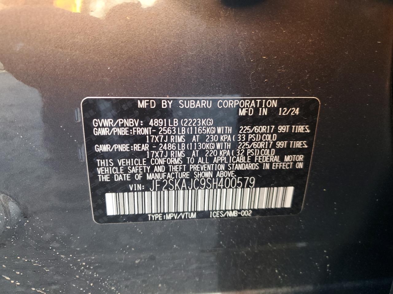 2025 Subaru Forester Wilderness VIN: JF2SKAJC9SH400579 Lot: 65088445