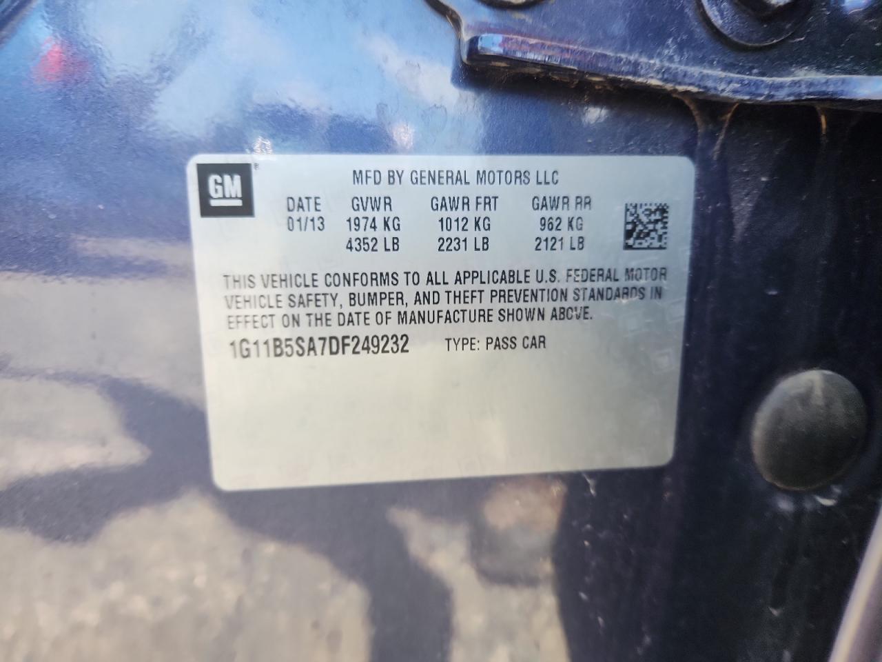 2013 Chevrolet Malibu Ls VIN: 1G11B5SA7DF249232 Lot: 64063645