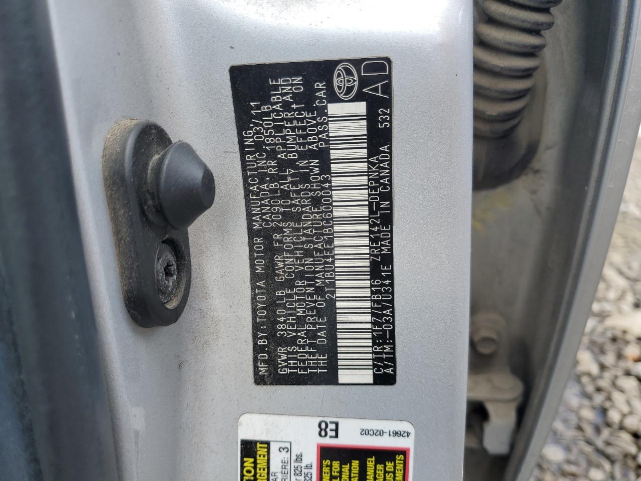2011 Toyota Corolla Base VIN: 2T1BU4EE1BC600043 Lot: 64302955