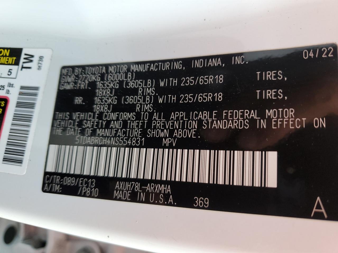 2022 Toyota Highlander Hybrid Xle VIN: 5TDABRCH4NS554831 Lot: 63219455