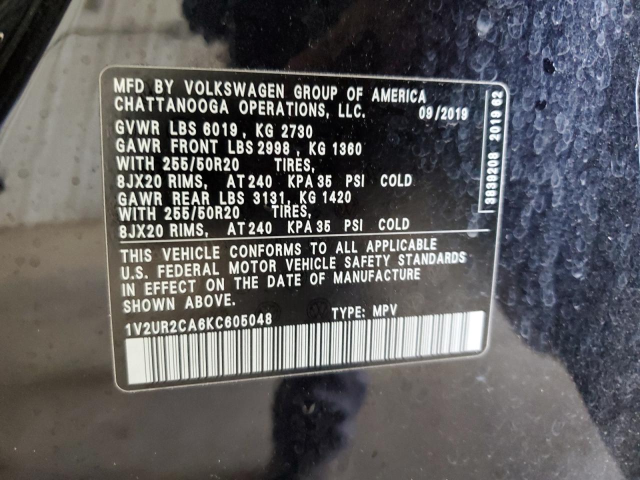 2019 Volkswagen Atlas Se VIN: 1V2UR2CA6KC605048 Lot: 63231255