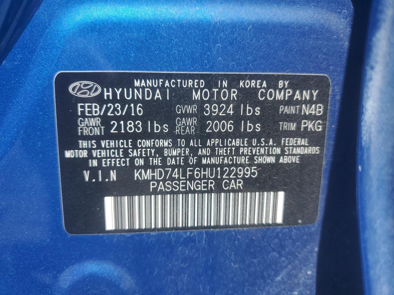 2017 Hyundai Elantra Se VIN: KMHD74LF6HU122995 Lot: 65419175