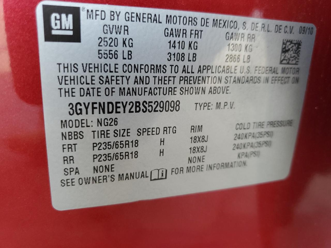 2011 Cadillac Srx Luxury Collection VIN: 3GYFNDEY2BS529098 Lot: 62927065