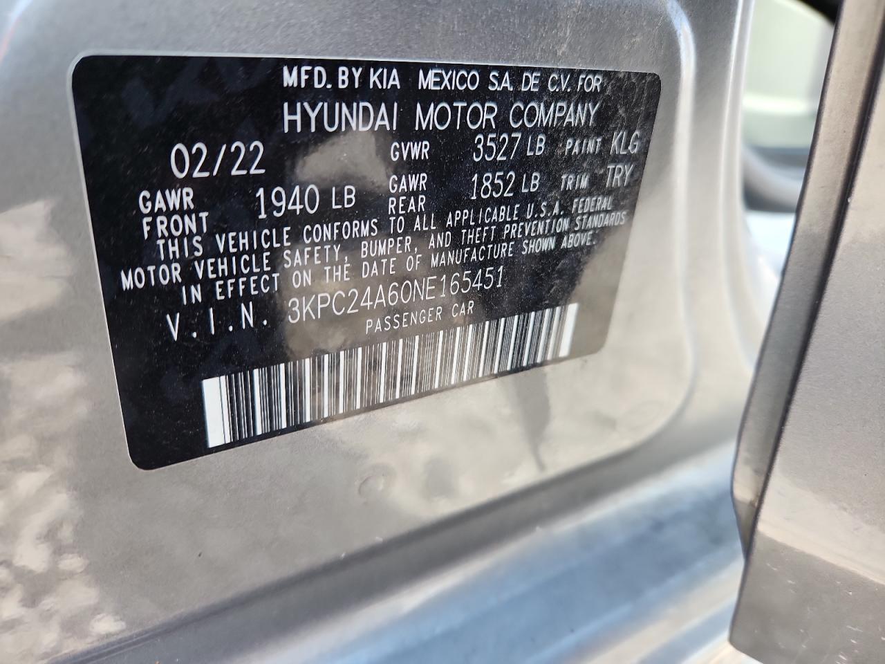 2022 Hyundai Accent Se VIN: 3KPC24A60NE165451 Lot: 64201775