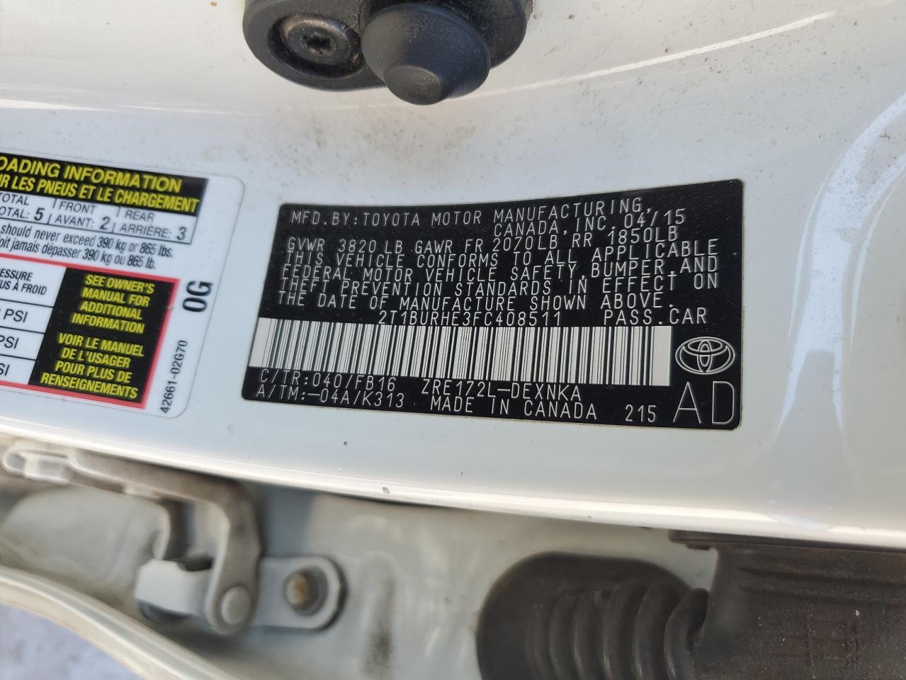 2015 Toyota Corolla L VIN: 2T1BURHE3FC408511 Lot: 64556265