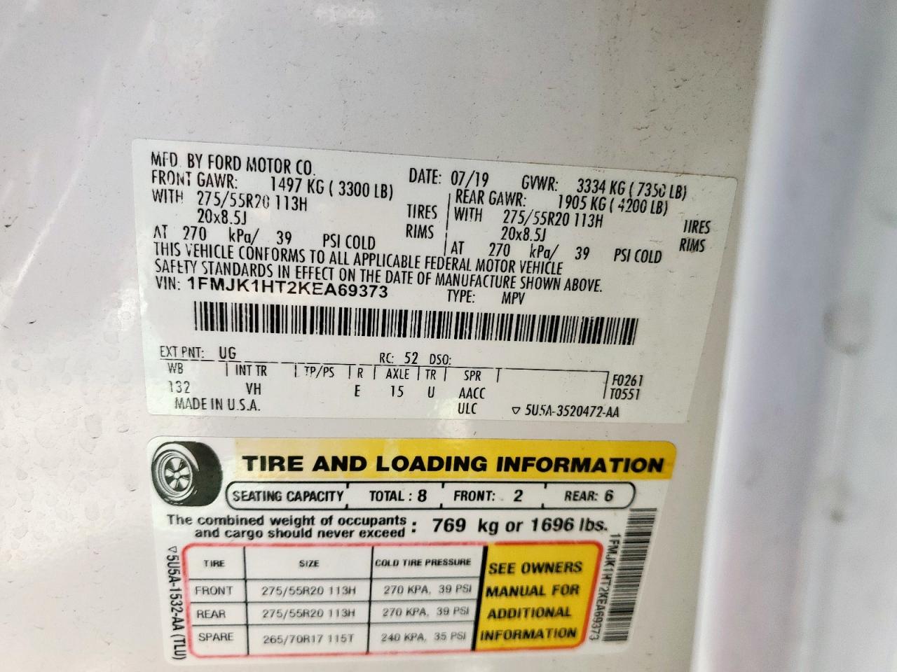 2019 Ford Expedition Max Xlt VIN: 1FMJK1HT2KEA69373 Lot: 65460935