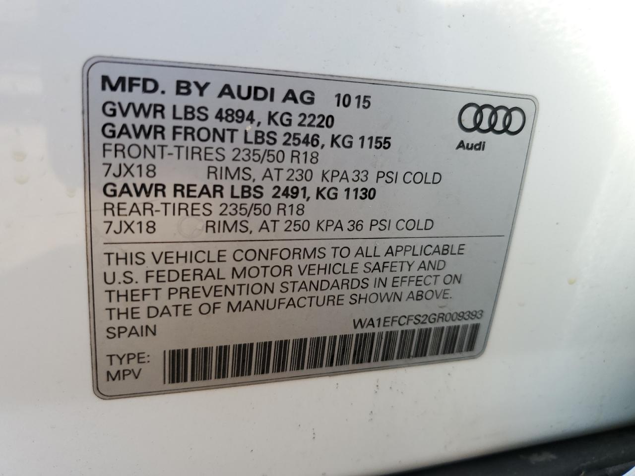 2016 Audi Q3 Premium Plus VIN: WA1EFCFS2GR009393 Lot: 62397305