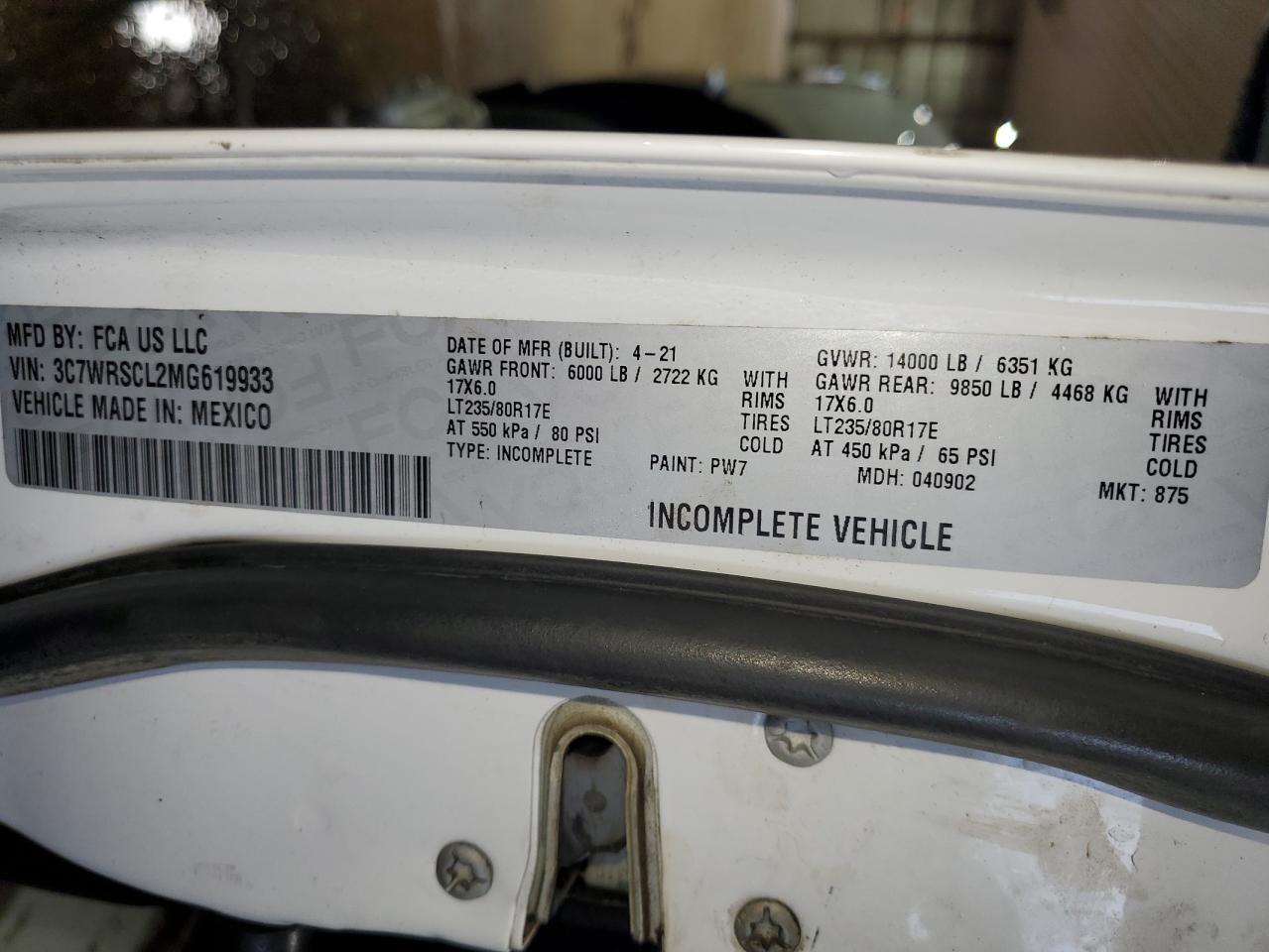 2021 Ram 3500 VIN: 3C7WRSCL2MG619933 Lot: 64388655