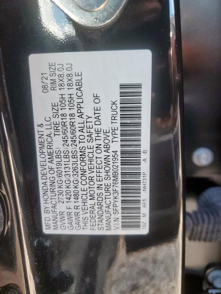 2021 Honda Ridgeline Rtl VIN: 5FPYK3F76MB021954 Lot: 64242945