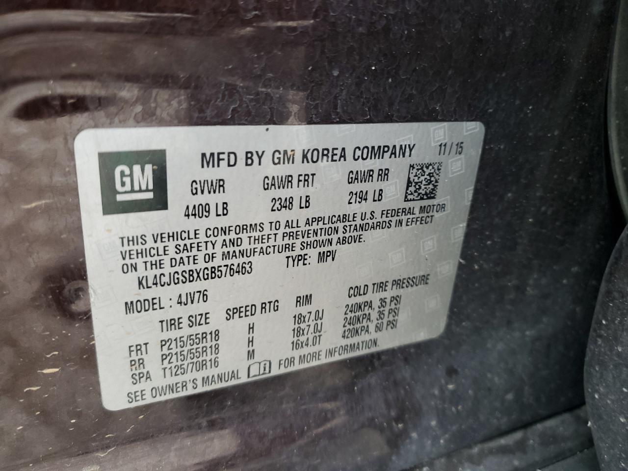 2016 Buick Encore VIN: KL4CJGSBXGB576463 Lot: 67184735