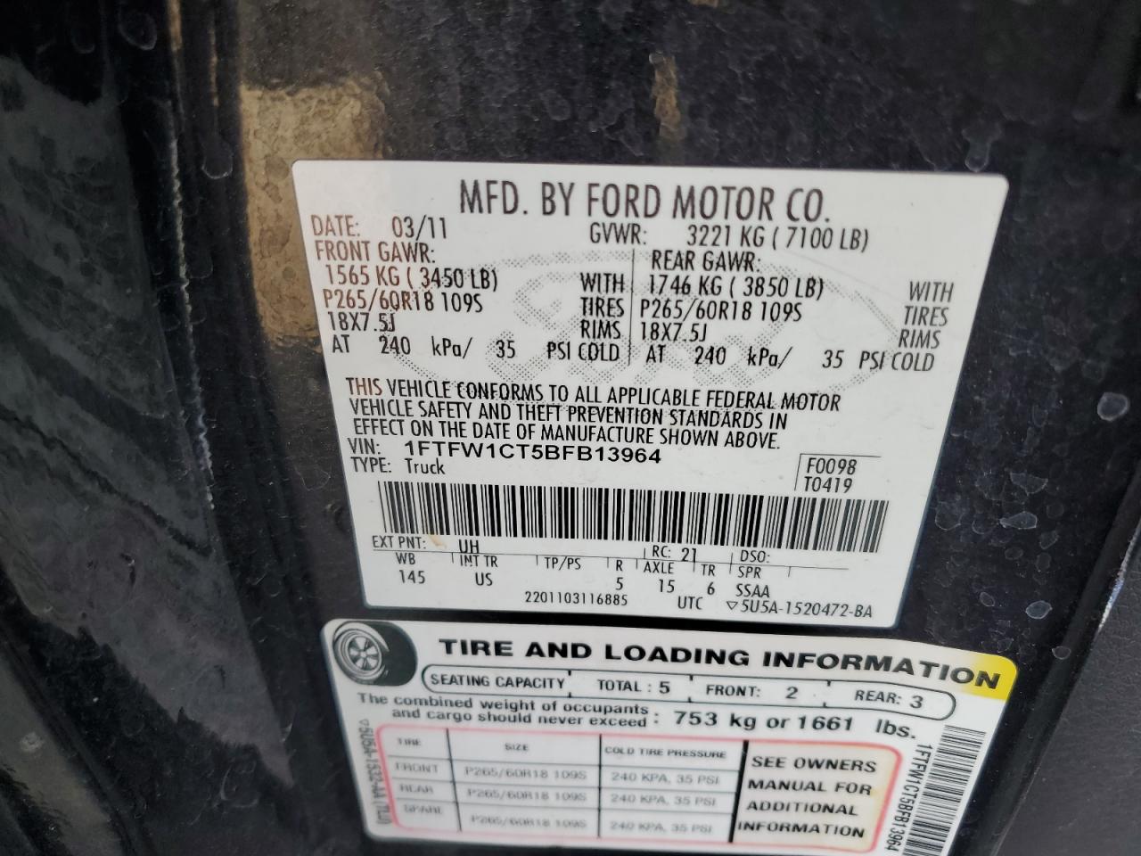 2011 Ford F150 Supercrew VIN: 1FTFW1CT5BFB13964 Lot: 64690555
