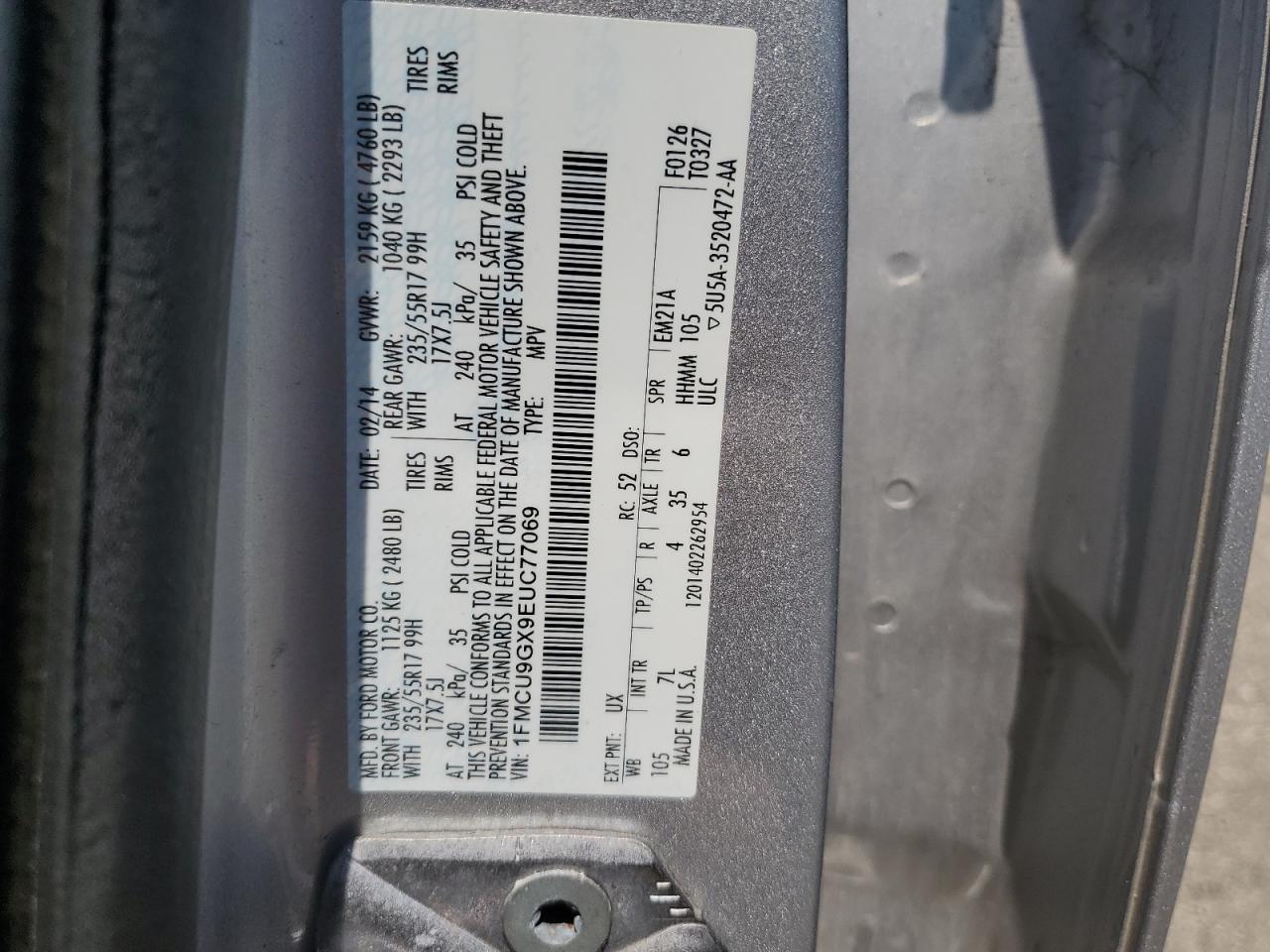 2014 Ford Escape Se VIN: 1FMCU9GX9EUC77069 Lot: 65694355