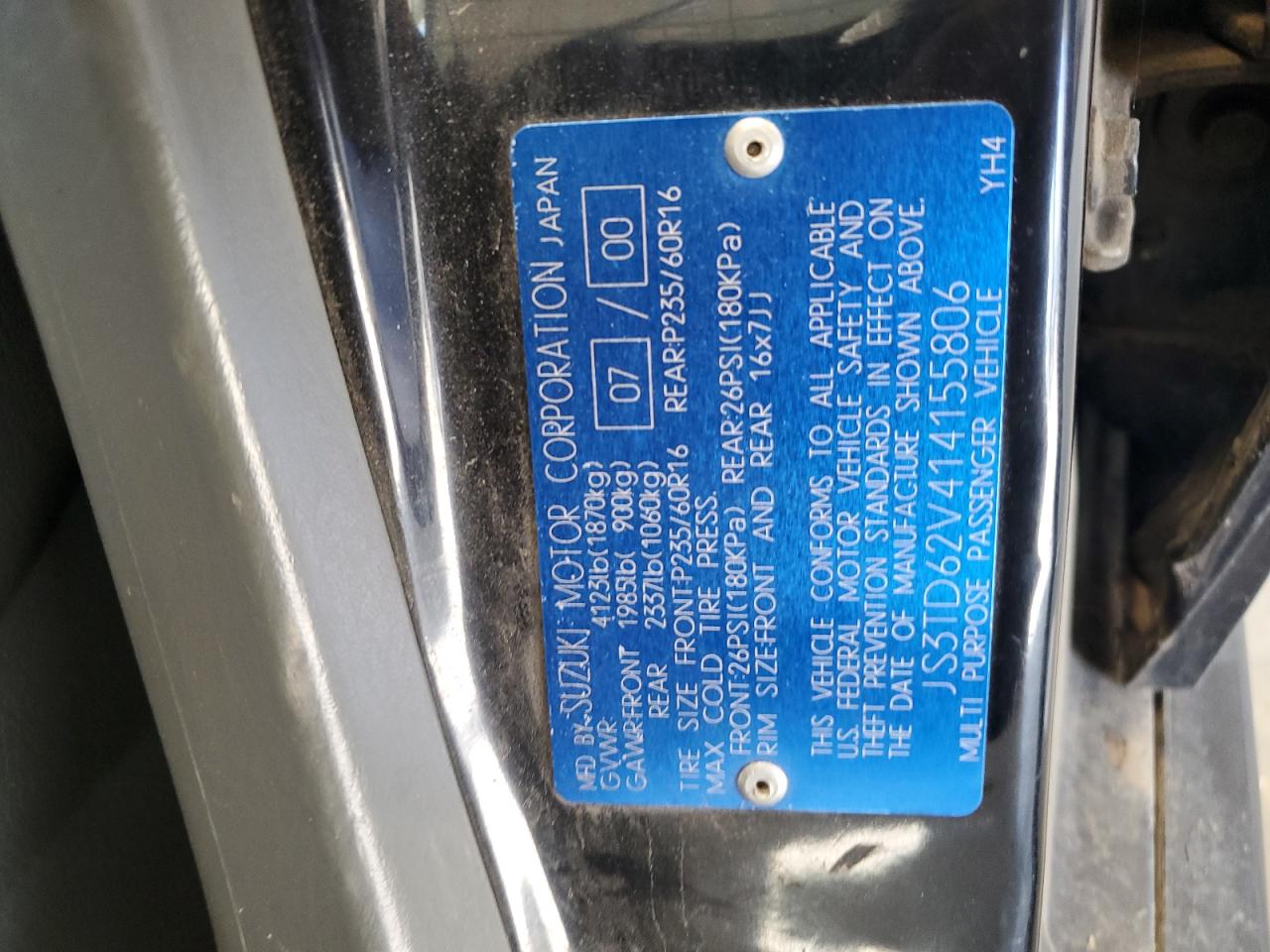 2001 Suzuki Grand Vitara Jx VIN: JS3TD62V414155806 Lot: 62867875