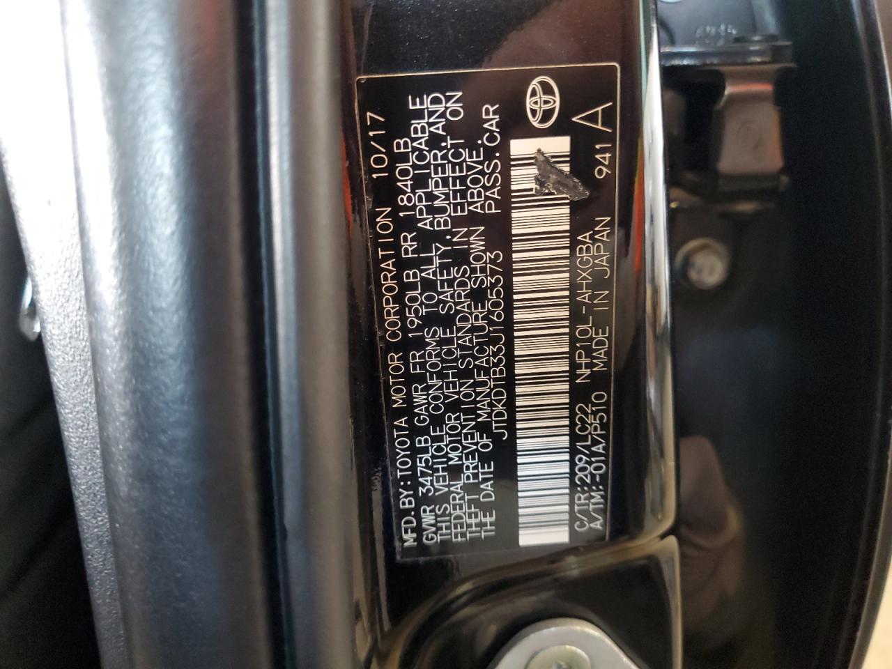 2018 Toyota Prius C VIN: JTDKDTB33J1605373 Lot: 63083135