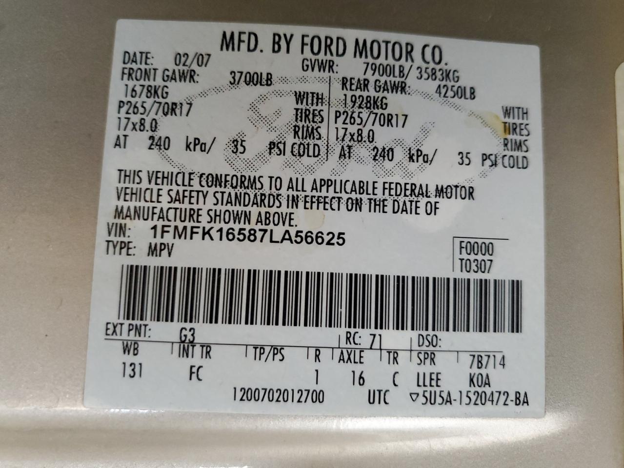 2007 Ford Expedition El Xlt VIN: 1FMFK16587LA56625 Lot: 63051425