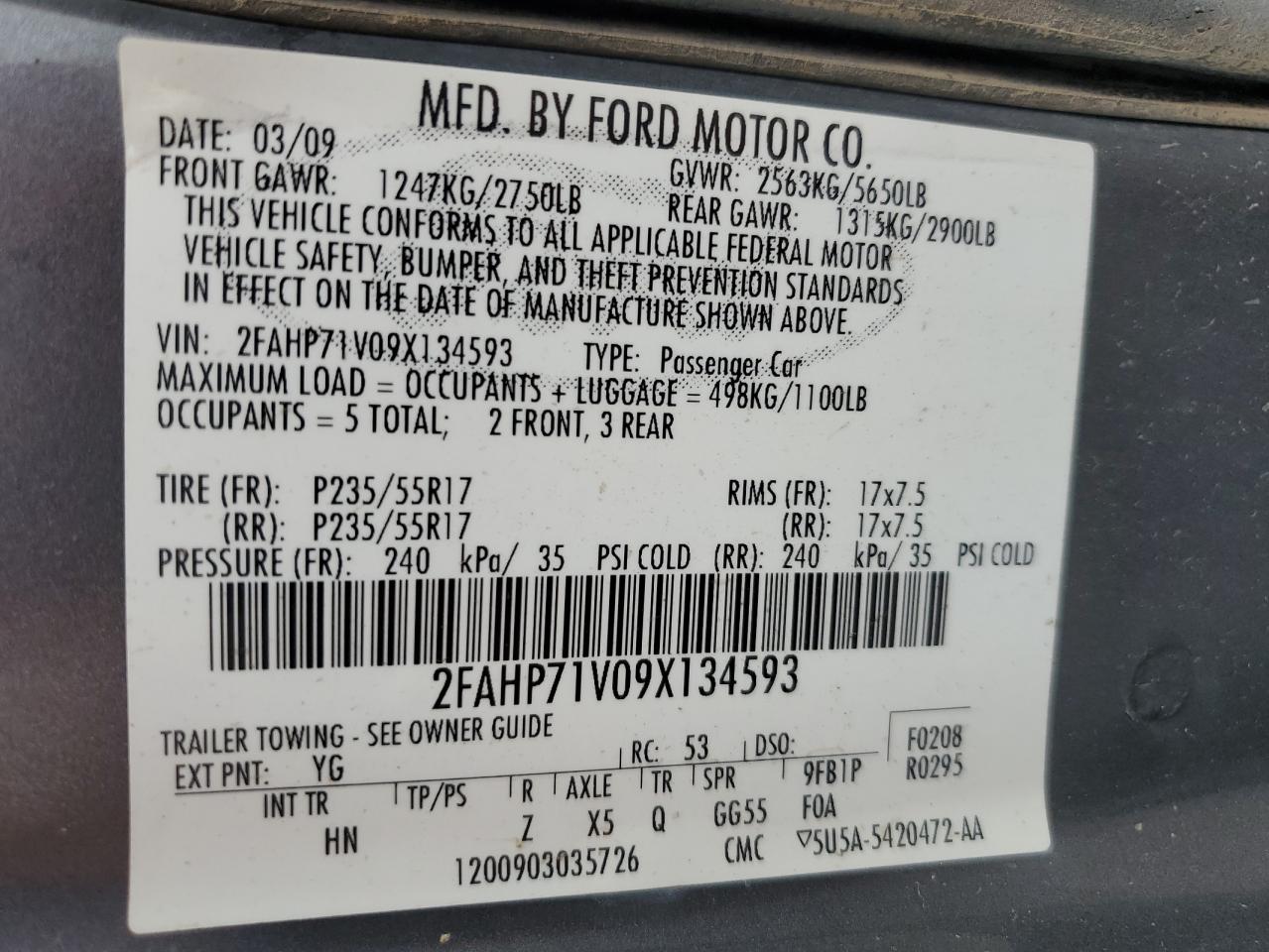 2009 Ford Crown Victoria Police Interceptor VIN: 2FAHP71V09X134593 Lot: 64944005