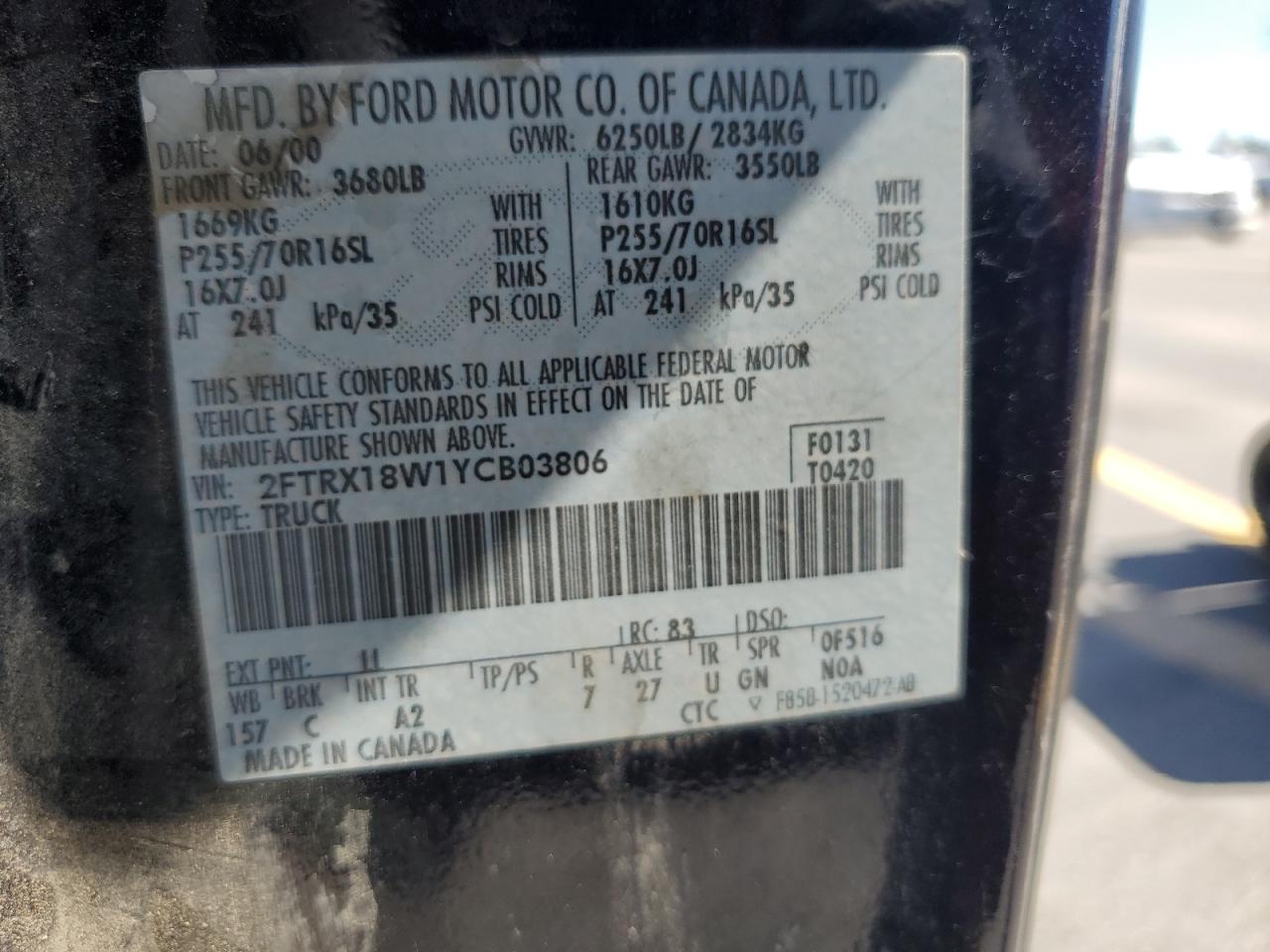 2000 Ford F150 VIN: 2FTRX18W1YCB03806 Lot: 63779485