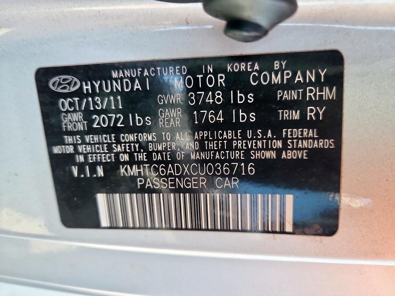 2012 Hyundai Veloster VIN: KMHTC6ADXCU036716 Lot: 63408115