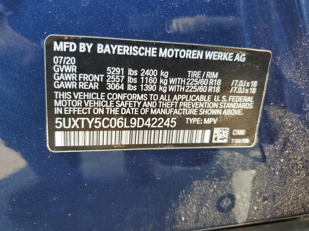 2020 BMW X3 xDrive30I VIN: 5UXTY5C06L9D42245 Lot: 64264305