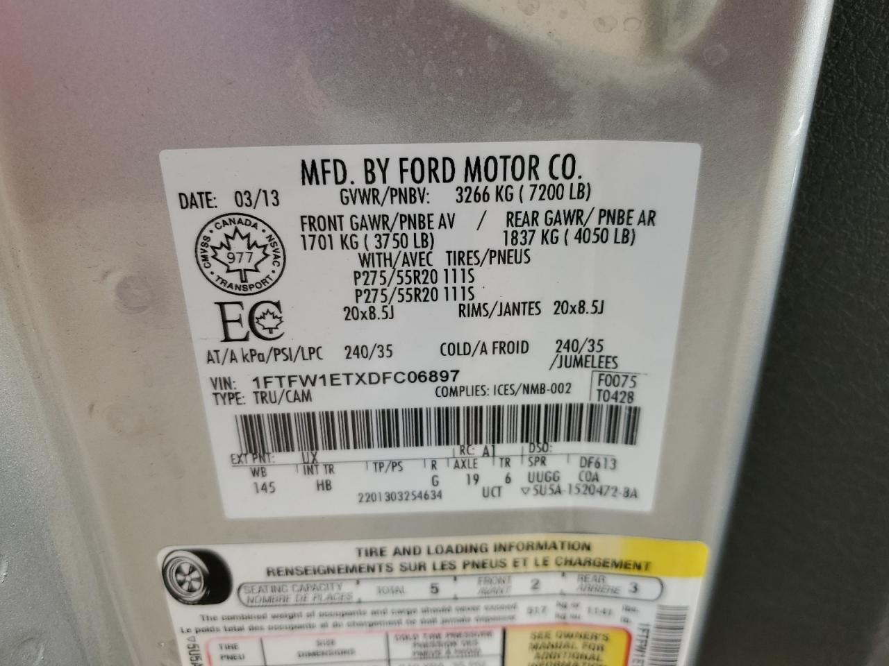 2013 Ford F150 Supercrew VIN: 1FTFW1ETXDFC06897 Lot: 64806695
