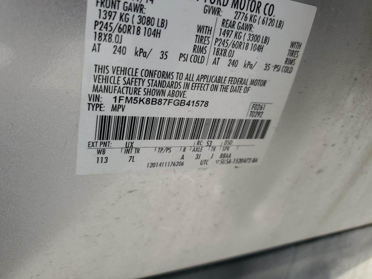 2015 Ford Explorer VIN: 1FM5K8B87FGB41578 Lot: 64551125