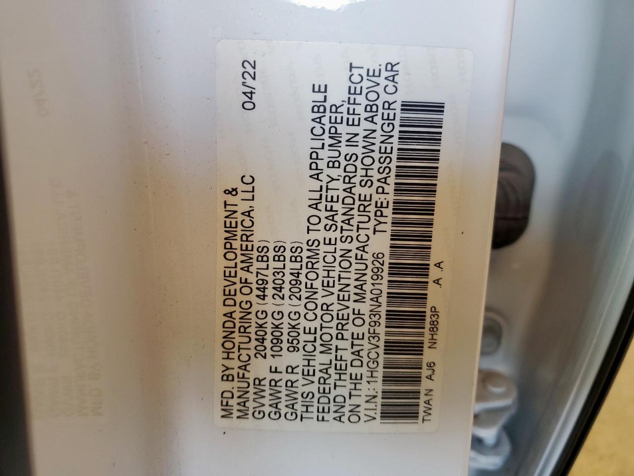 2022 Honda Accord Touring Hybrid VIN: 1HGCV3F93NA019926 Lot: 64770085