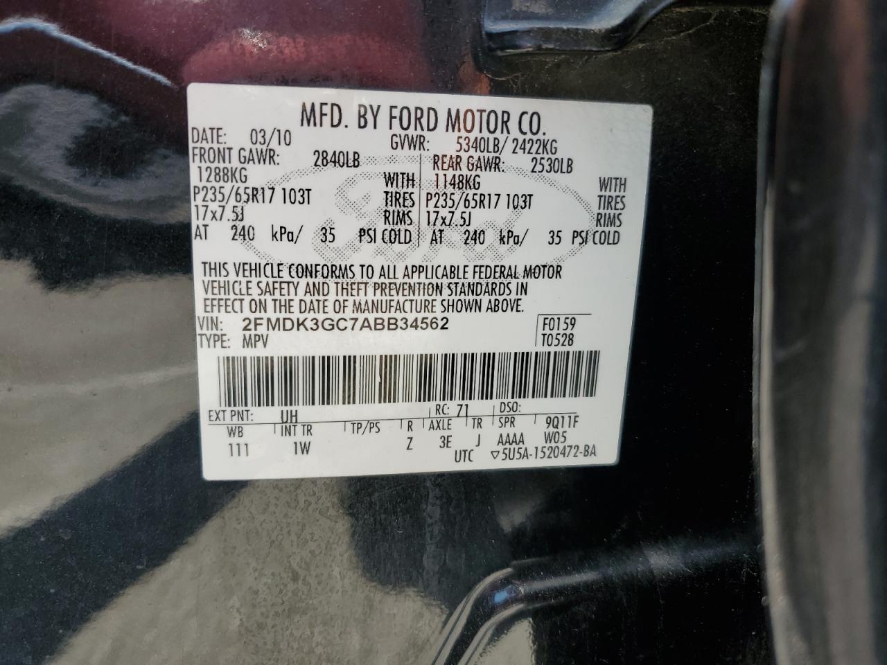 2010 Ford Edge Se VIN: 2FMDK3GC7ABB34562 Lot: 65042915