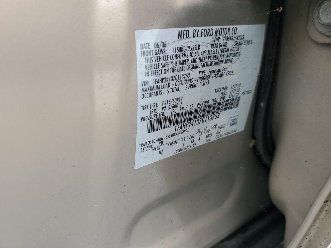 2007 Ford Five Hundred Sel VIN: 1FAHP24137G113753 Lot: 63246935