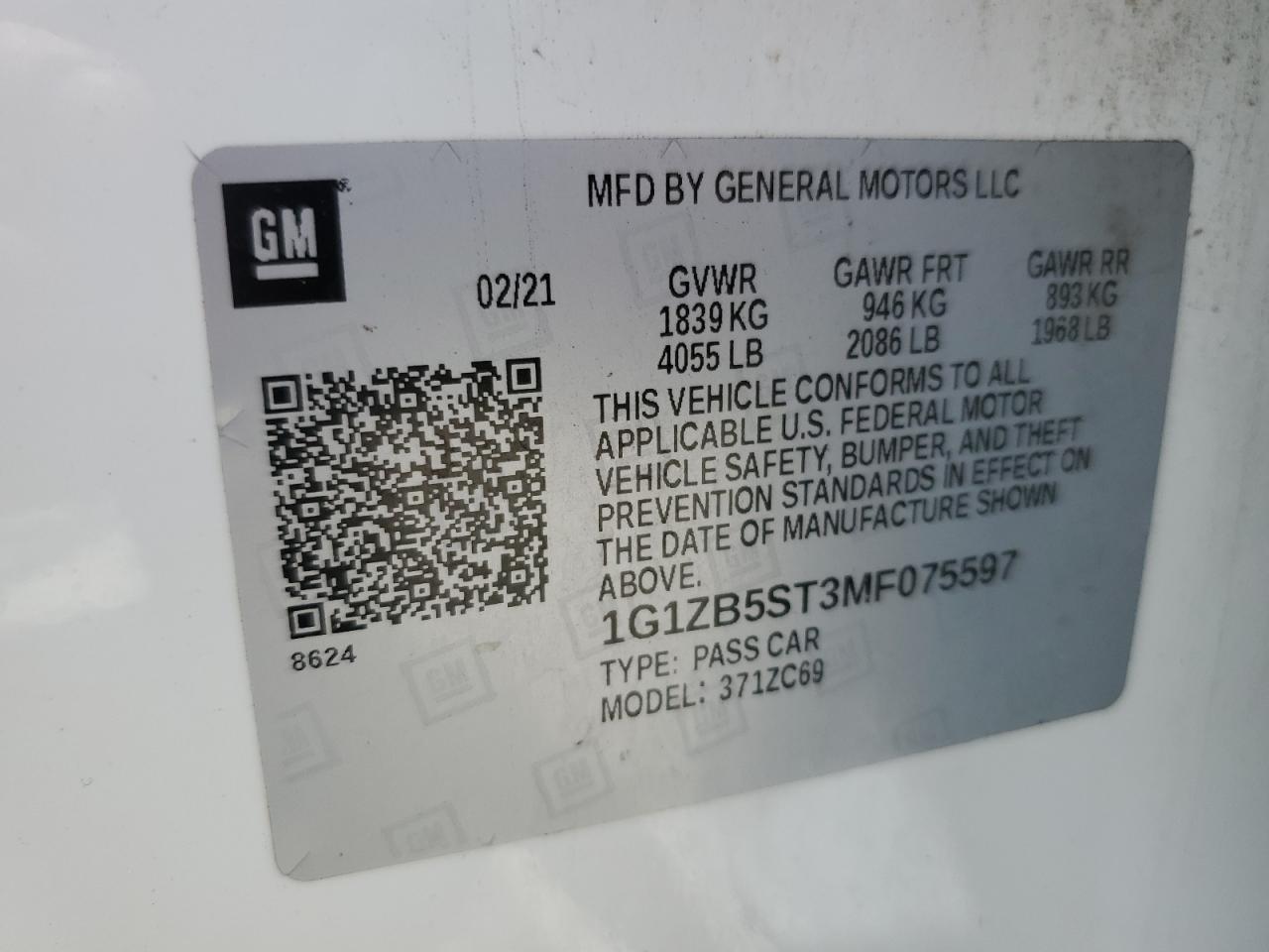 2021 Chevrolet Malibu Ls VIN: 1G1ZB5ST3MF075597 Lot: 64058515