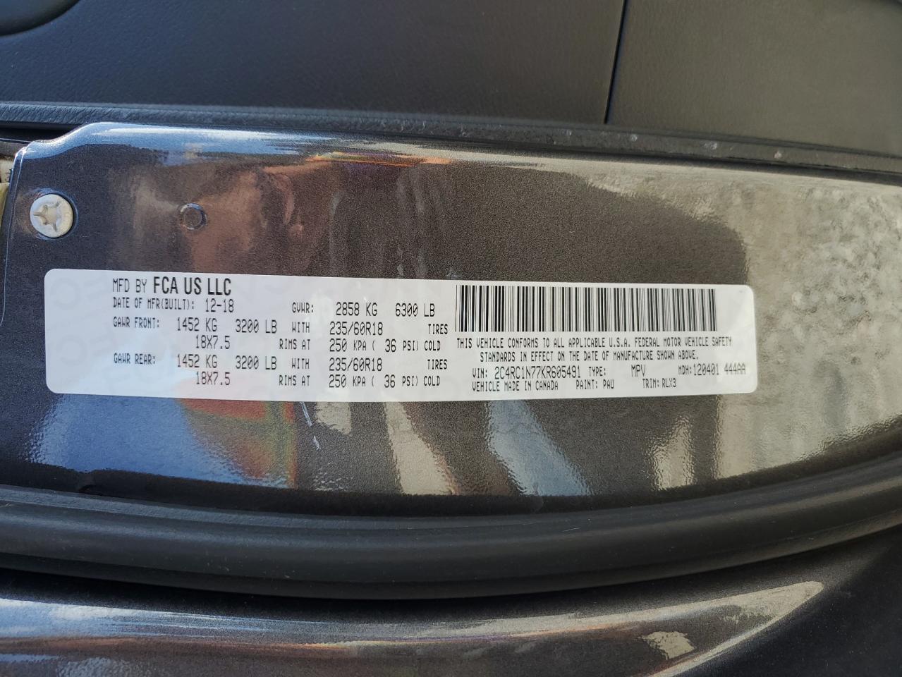 2019 Chrysler Pacifica Hybrid Limited VIN: 2C4RC1N77KR605491 Lot: 64769685
