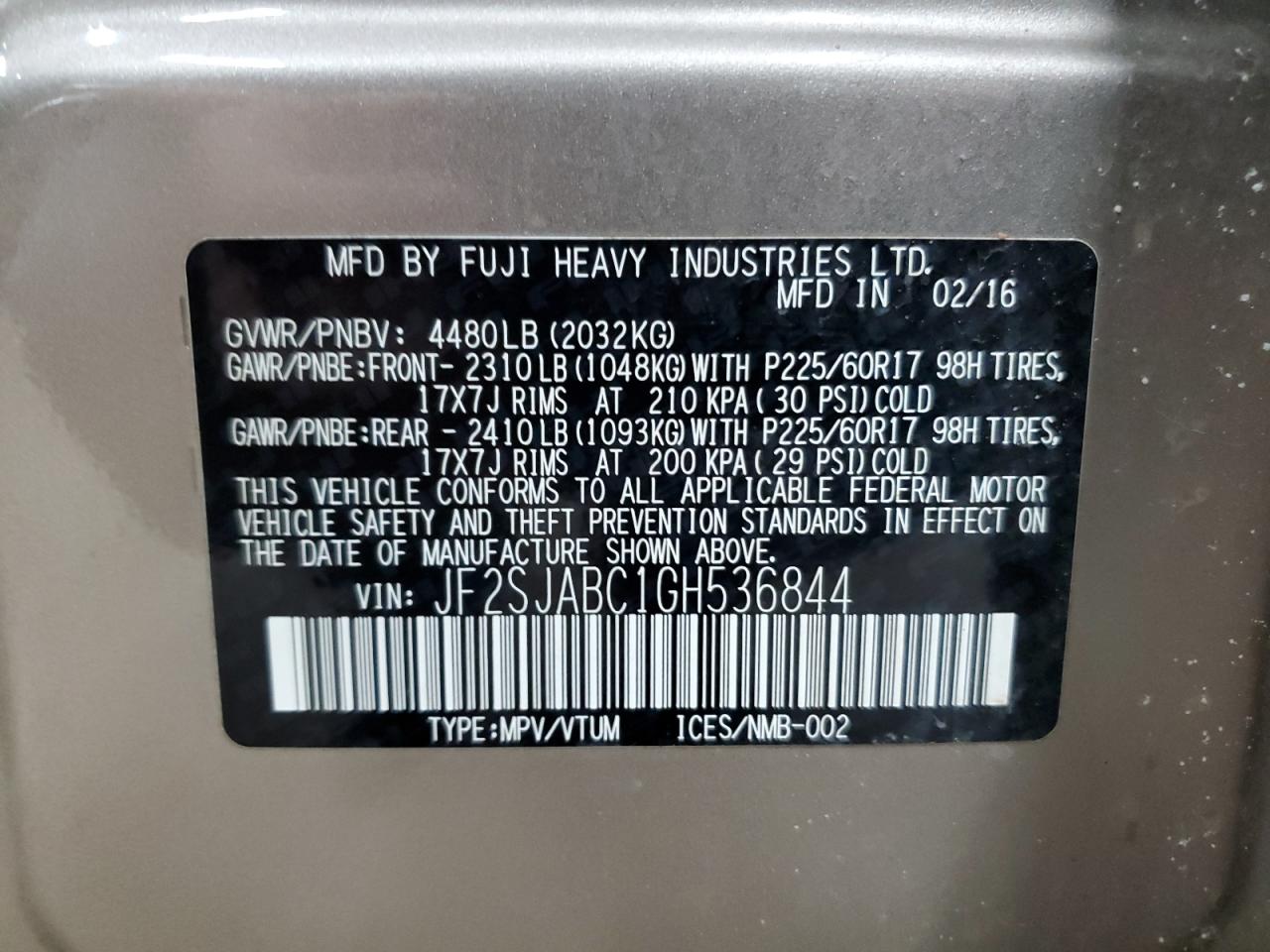 2016 Subaru Forester 2.5I VIN: JF2SJABC1GH536844 Lot: 64634445