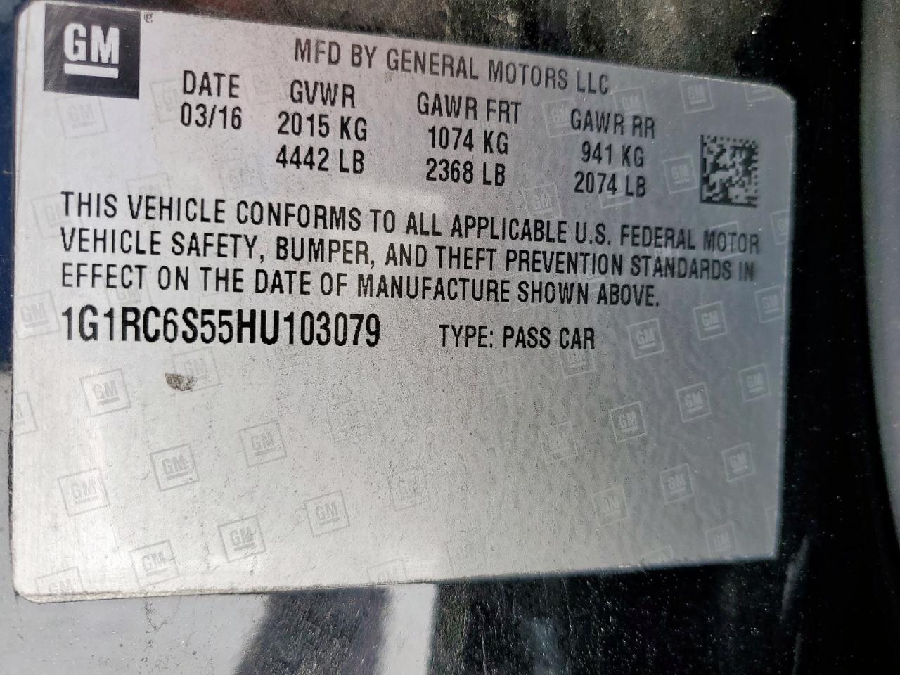 1g1rc6s55hu103079 1G1RC6S55HU103079 2017 Chevrolet Volt Lt