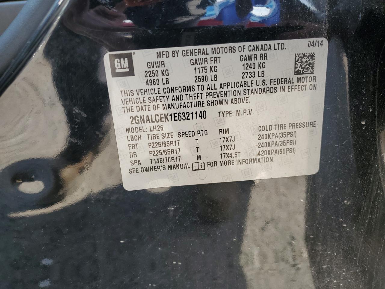 2014 Chevrolet Equinox Lt VIN: 2GNALCEK1E6321140 Lot: 65096585