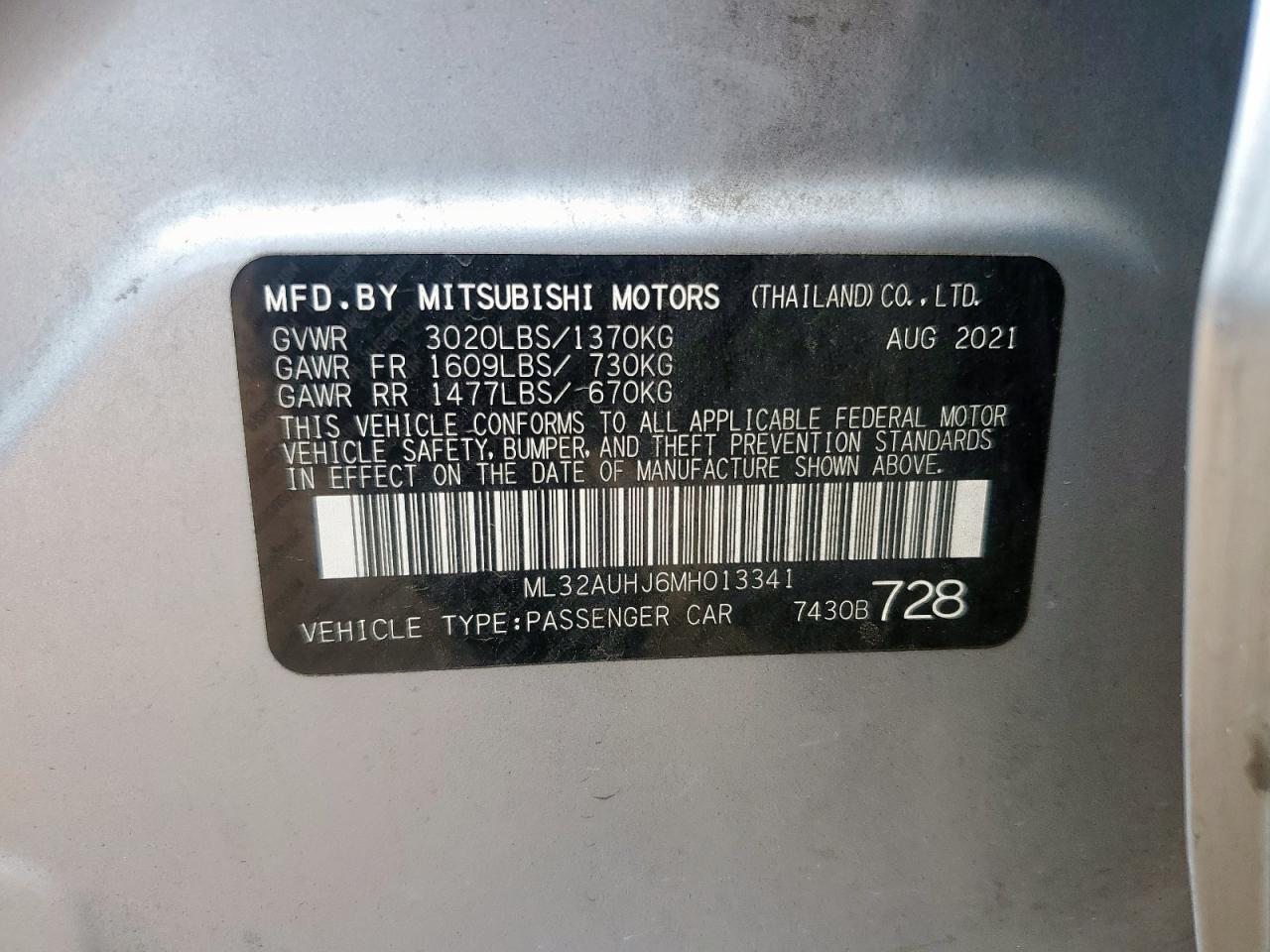 2021 Mitsubishi Mirage Es VIN: ML32AUHJ6MH013341 Lot: 63561325