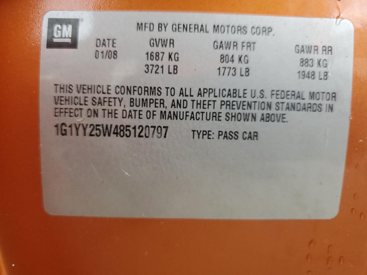 2008 Chevrolet Corvette VIN: 1G1YY25W485120797 Lot: 63226495