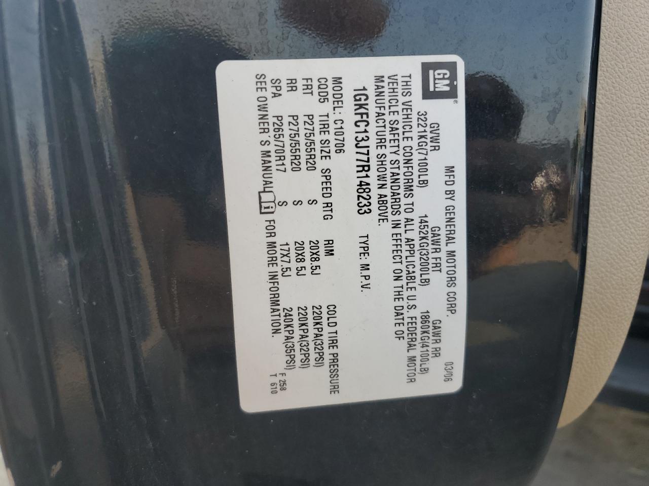 2007 GMC Yukon VIN: 1GKFC13J77R148233 Lot: 65832995