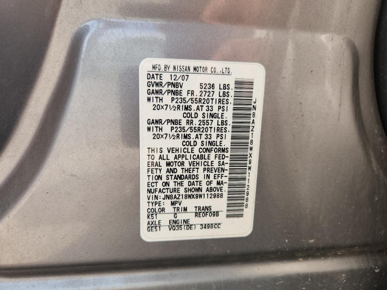 2009 Nissan Murano S VIN: JN8AZ18WX9W112988 Lot: 64854245