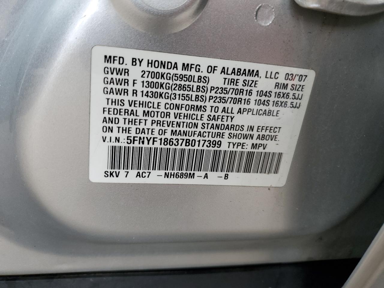 2007 Honda Pilot Exl VIN: 5FNYF18637B017399 Lot: 63879295