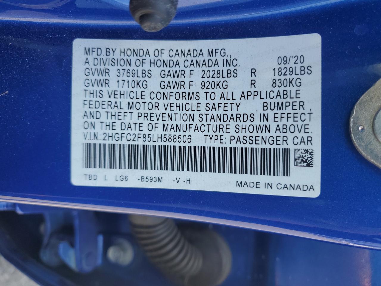 2020 Honda Civic Sport VIN: 2HGFC2F85LH588506 Lot: 65298585