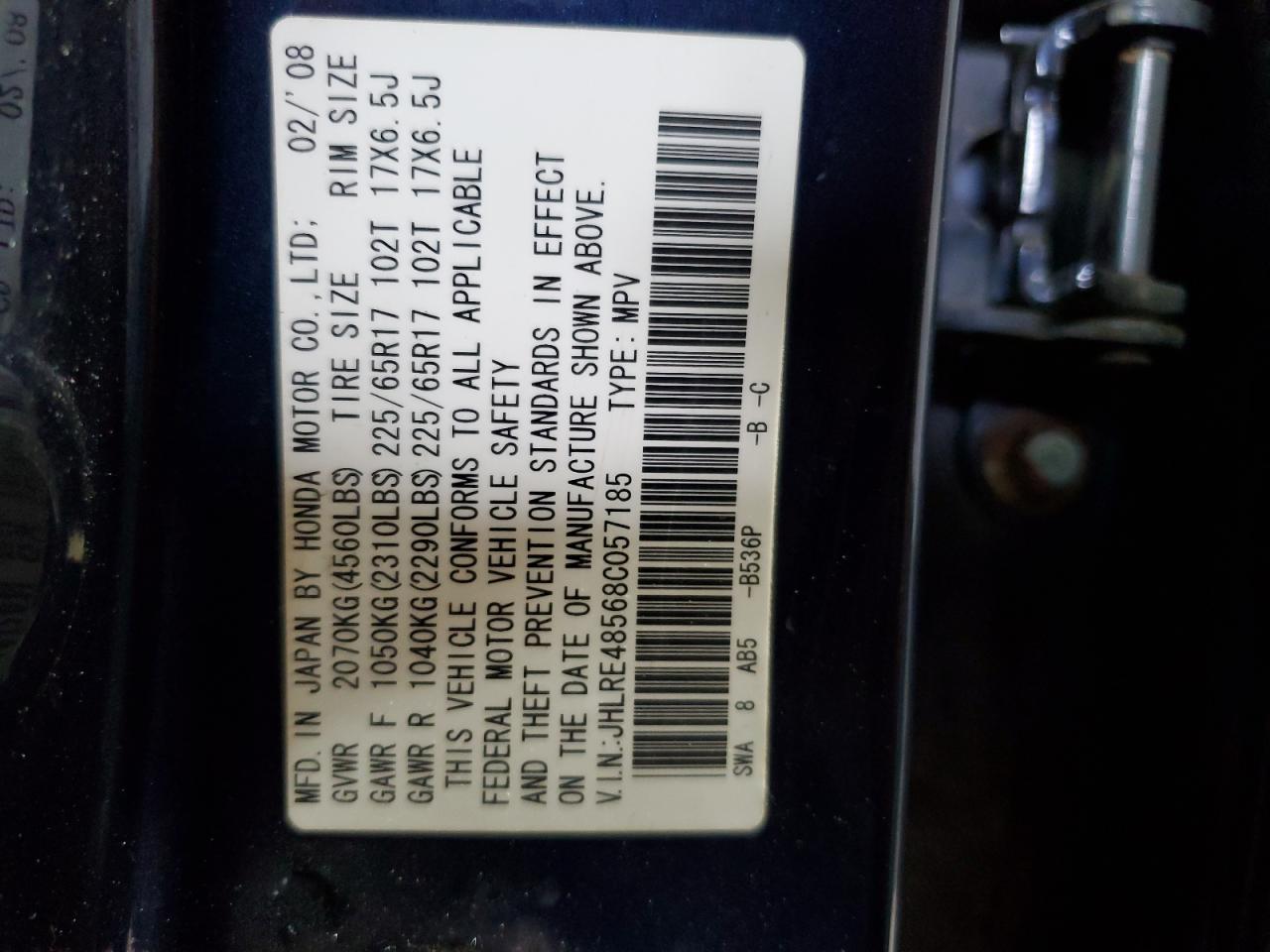 2008 Honda Cr-V Ex VIN: JHLRE48568C057185 Lot: 63920435